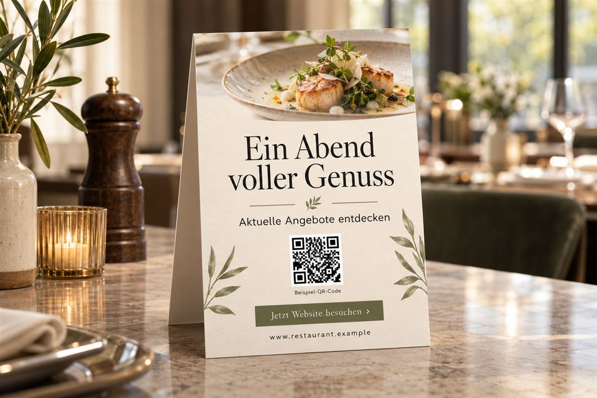 Aktionsaufsteller auf einem Restauranttisch mit Foto eines Gerichts, der Zeile „Aktuelle Angebote entdecken“ und einem QR-Code