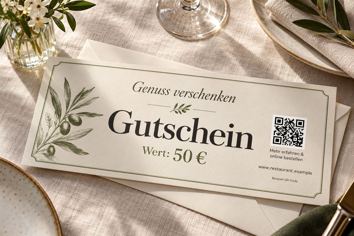 Gedruckter Gutschein mit Olivenzweig-Zeichnung, Wertangabe und QR-Code, auf einem Leinentischtuch